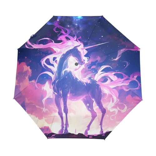 Space Star Einhorn Pferd Regenschirm Taschenschirm Kinder Jungen Mädchen UV-Schutz Auf-Zu Automatik Umbrella Verstärkt Winddichte Zusammenklappbar von Niigeu