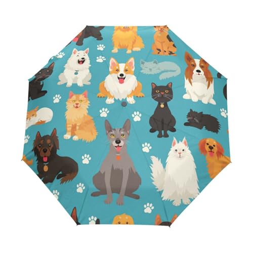 Süße Cartoon Hunde Und Katzen Regenschirm Taschenschirm Kinder Jungen Mädchen UV-Schutz Auf-Zu Automatik Umbrella Verstärkt Winddichte Zusammenklappbar von Niigeu