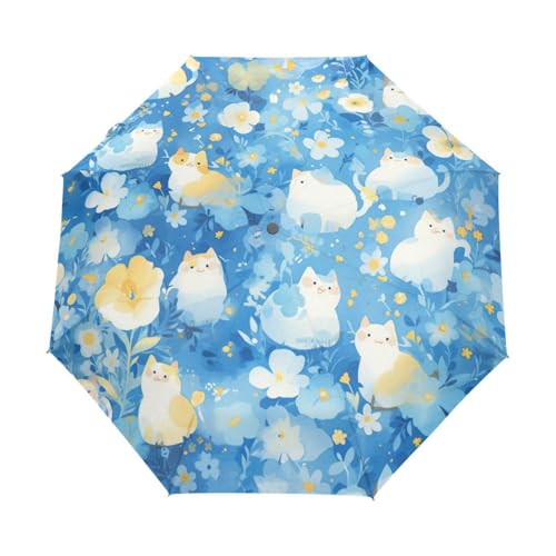 Süße Pflanzen Katze Blau Regenschirm Taschenschirm Kinder Jungen Mädchen UV-Schutz Auf-Zu Automatik Umbrella Verstärkt Winddichte Zusammenklappbar von Niigeu
