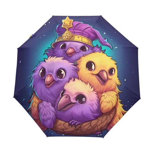 Süße Vogelbabys Lila Regenschirm Taschenschirm Kinder Jungen Mädchen UV-Schutz Auf-Zu Automatik Umbrella Verstärkt Winddichte Zusammenklappbar von Niigeu