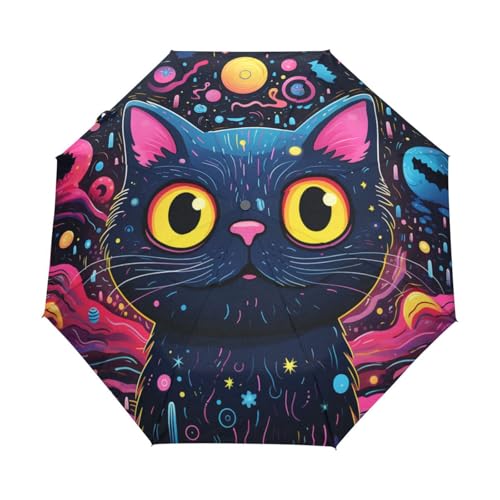 Süßes Magisches Schwarzes Katzenkätzchen Regenschirm Taschenschirm Kinder Jungen Mädchen UV-Schutz Auf-Zu Automatik Umbrella Verstärkt Winddichte Zusammenklappbar von Niigeu