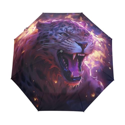 Tier Gepard Lila Feuer Flamme Regenschirm Taschenschirm Kinder Jungen Mädchen UV-Schutz Auf-Zu Automatik Umbrella Verstärkt Winddichte Zusammenklappbar von Niigeu