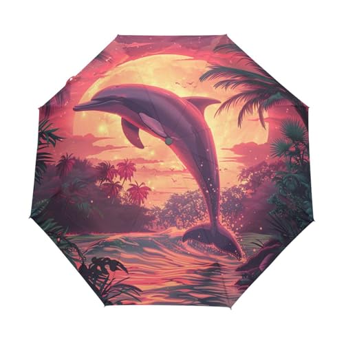 Tropische Delphin Mondscheinflamme Regenschirm Taschenschirm Kinder Jungen Mädchen UV-Schutz Auf-Zu Automatik Umbrella Verstärkt Winddichte Zusammenklappbar von Niigeu
