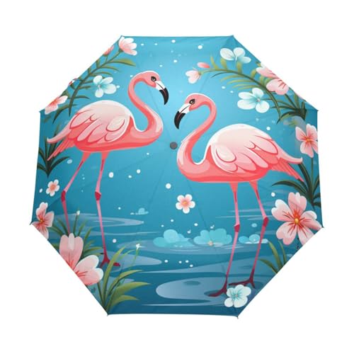 Valentinsblumenflamingovogel Regenschirm Taschenschirm Kinder Jungen Mädchen UV-Schutz Auf-Zu Automatik Umbrella Verstärkt Winddichte Zusammenklappbar von Niigeu