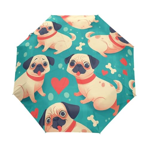 Valentinsherz Mopshunde Regenschirm Taschenschirm Kinder Jungen Mädchen UV-Schutz Auf-Zu Automatik Umbrella Verstärkt Winddichte Zusammenklappbar von Niigeu