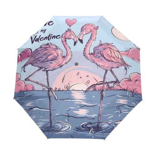 Valentinstag Liebe Flamingo Vogel Regenschirm Taschenschirm Kinder Jungen Mädchen UV-Schutz Auf-Zu Automatik Umbrella Verstärkt Winddichte Zusammenklappbar von Niigeu