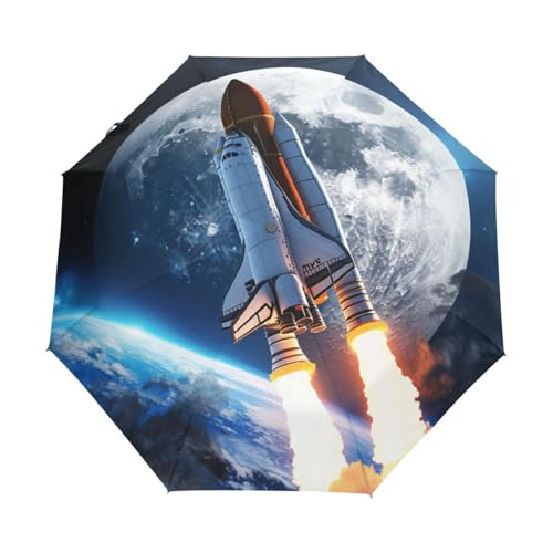 Weltraum Erde Rakete Mond Regenschirm Taschenschirm Kinder Jungen Mädchen UV-Schutz Auf-Zu Automatik Umbrella Verstärkt Winddichte Zusammenklappbar von Niigeu