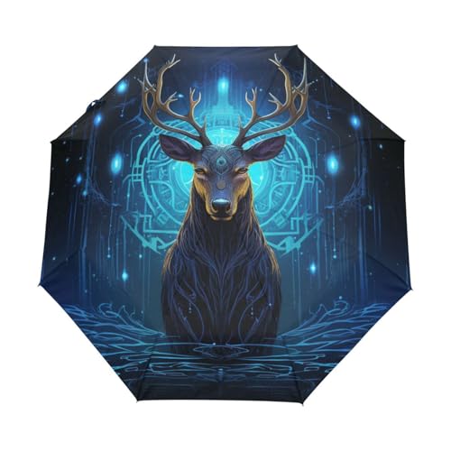 Weltraum Tierkreis Hirschtier Regenschirm Taschenschirm Kinder Jungen Mädchen UV-Schutz Auf-Zu Automatik Umbrella Verstärkt Winddichte Zusammenklappbar von Niigeu