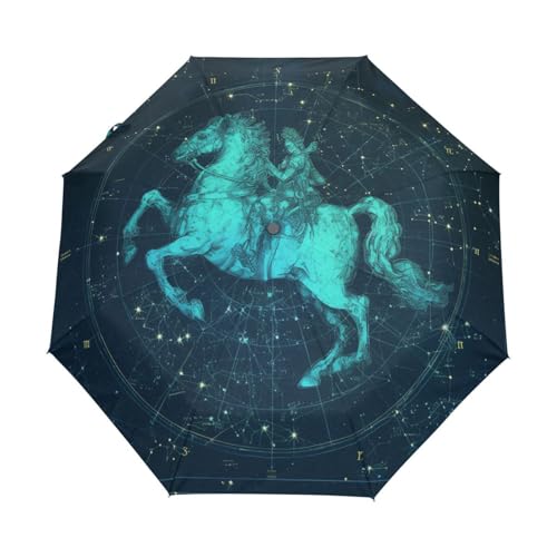 Weltraum Tierkreis Stern Pferd Regenschirm Taschenschirm Kinder Jungen Mädchen UV-Schutz Auf-Zu Automatik Umbrella Verstärkt Winddichte Zusammenklappbar von Niigeu