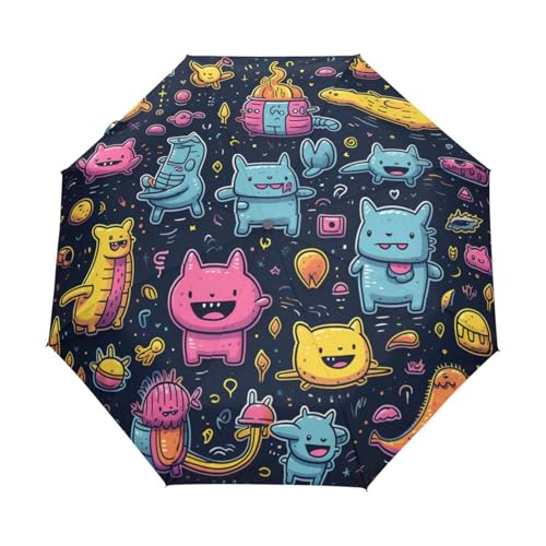 Weltraumgekritzel Lustige Katzen Regenschirm Taschenschirm Kinder Jungen Mädchen UV-Schutz Auf-Zu Automatik Umbrella Verstärkt Winddichte Zusammenklappbar von Niigeu