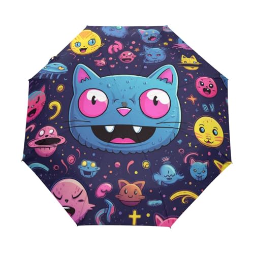 Weltraumkritzeleien Katzengeist Regenschirm Taschenschirm Kinder Jungen Mädchen UV-Schutz Auf-Zu Automatik Umbrella Verstärkt Winddichte Zusammenklappbar von Niigeu