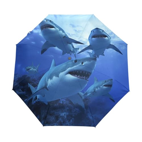 Wilder Seefisch Hai Blau Regenschirm Taschenschirm Kinder Jungen Mädchen UV-Schutz Auf-Zu Automatik Umbrella Verstärkt Winddichte Zusammenklappbar von Niigeu