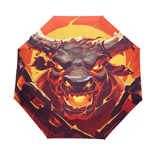 Wütendes Feuerbullentier Regenschirm Taschenschirm Kinder Jungen Mädchen UV-Schutz Auf-Zu Automatik Umbrella Verstärkt Winddichte Zusammenklappbar von Niigeu