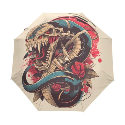 Zuckerschädel Rosenschlange Regenschirm Taschenschirm Kinder Jungen Mädchen UV-Schutz Auf-Zu Automatik Umbrella Verstärkt Winddichte Zusammenklappbar von Niigeu