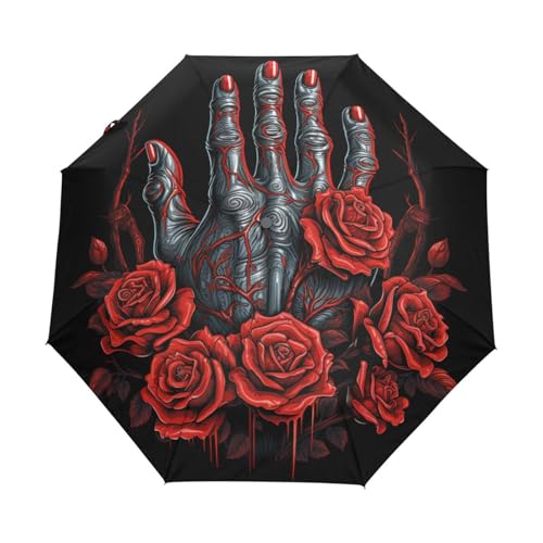 Zuckerschädel Rote Rose Regenschirm Taschenschirm Kinder Jungen Mädchen UV-Schutz Auf-Zu Automatik Umbrella Verstärkt Winddichte Zusammenklappbar von Niigeu