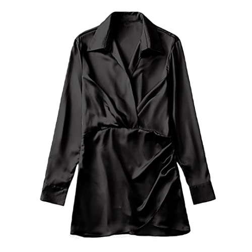 Damen Seide Satin Vollärmel Hemdkleid Damen Vintage Solid Plissee Kleid Damen Minikleid, Schwarz , Small von Niiyyjj