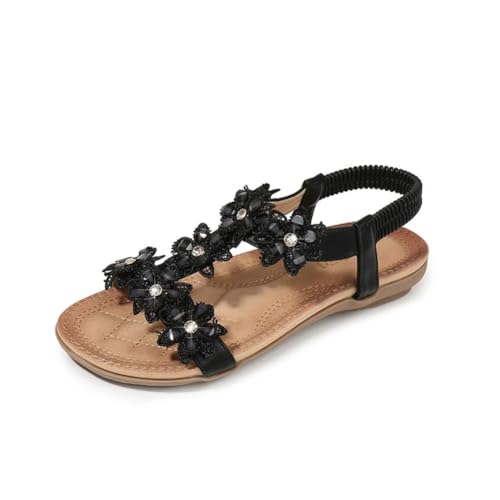 Flache Damen-Sandalen mit Stringtangas, Bohemian-Stil, Blumen, Strass, Strandschuhe, Schwarz , 37 EU von Niiyyjj