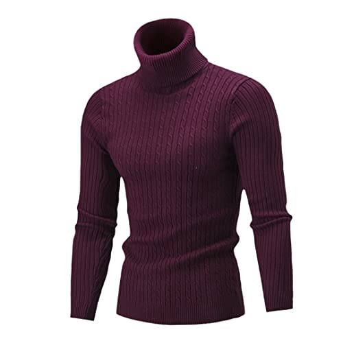 Herren Solid Casual Rollkragenpullover Strickpullover Gerippt Slim Fit Pullover Thermo Pullover, weinrot, XX-Large von Niiyyjj