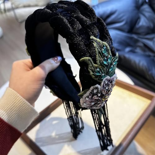 Niiyyjj Damen-Haarband aus Fleece, geflochten, mit Strass, Perlen, Quaste, Fransen, Schmucksteine, Schwarz von Niiyyjj