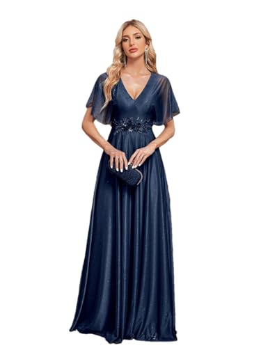 Niiyyjj Formelles Abendkleid mit V-Ausschnitt für Damen, kurze Ärmel, Meerjungfrauenkleid, Hochzeit, Party, langes Kleid, marineblau, XXX-Large von Niiyyjj