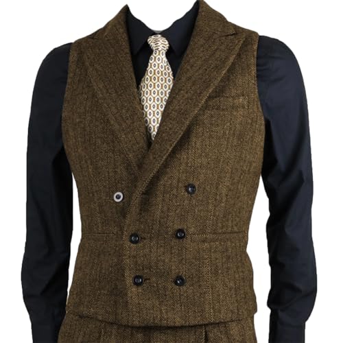 Niiyyjj Herren Fischgräten-Tweed-Anzugweste, schmale Passform, zweireihig, ärmellose Jacke, braun, M von Niiyyjj