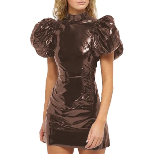 Niiyyjj Kurzes Damenkleid aus glänzendem Leder, Puffärmel, figurbetont, Wet-Look, dehnbares Minikleid mit Reißverschluss hinten, dunkelbraun, 3XL von Niiyyjj