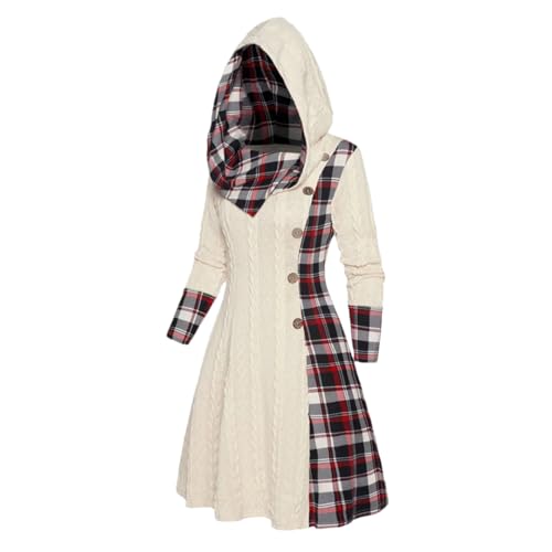 Niiyyjj Patchwork Zopfmuster Kapuzenkleid Plaid Print Mock Button Hohe Taille Langarm Minikleider, hellgelb, Medium von Niiyyjj