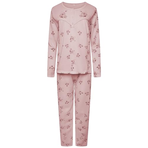 Nikaro Gemütliches Thermo-Fleece-gefüttertes Pyjama-Set für Damen mit Drei-Knopf-Verschluss für den Winter, rose, 46 von Nikaro