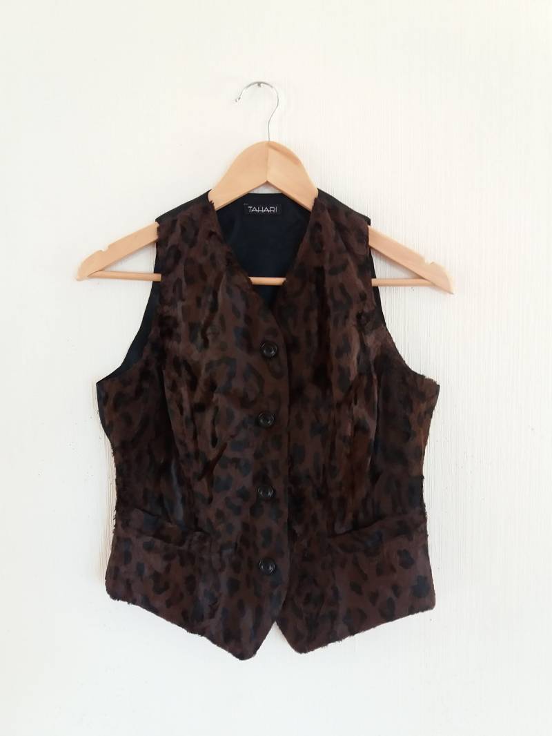 Vintage Braun Kunstpelz Formelle Frauen Ausgestattet Weste Büro Größe Klein Bis Mittel von NikasClothing