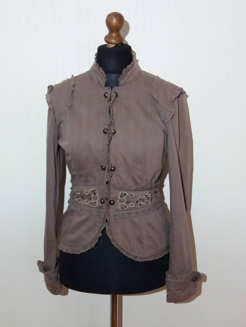 Vintage Damen Braun Gestreifte Bestickte Baumwoll Jacke Mittlerer Größe von NikasClothing