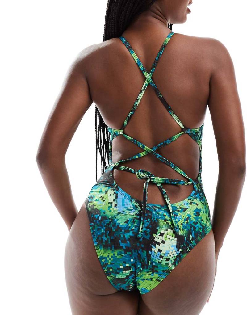 Nike - Enganliegender Sport-Badeanzug in gemustertem Dunkelgrün mit Schnürung von Nike Swimming