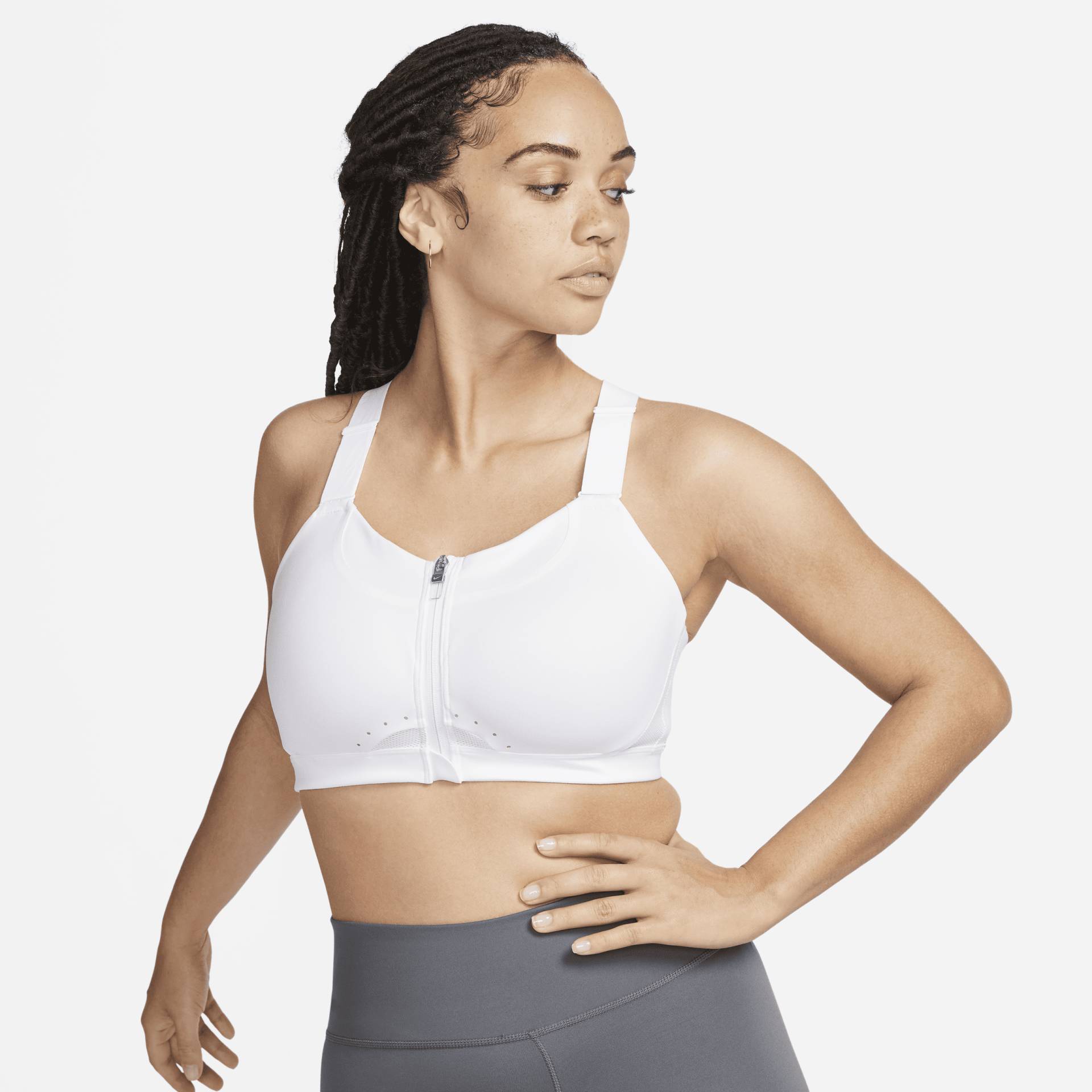 Nike Alpha gepolsterter Sport-BH mit Reißverschluss vorne und starkem Halt für Damen - Weiß von Nike