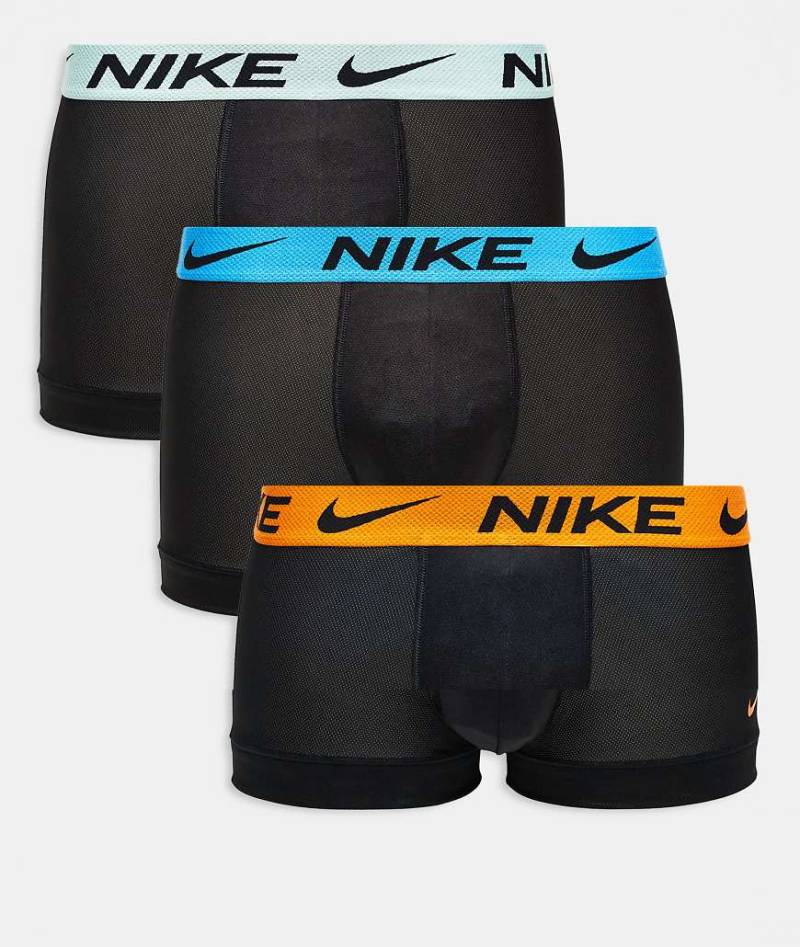 Nike - Elite Breathe - 3er-Pack Trunk-Unterhosen in Schwarz mit farbigem Bund in Orange / Blau / Grau von Nike