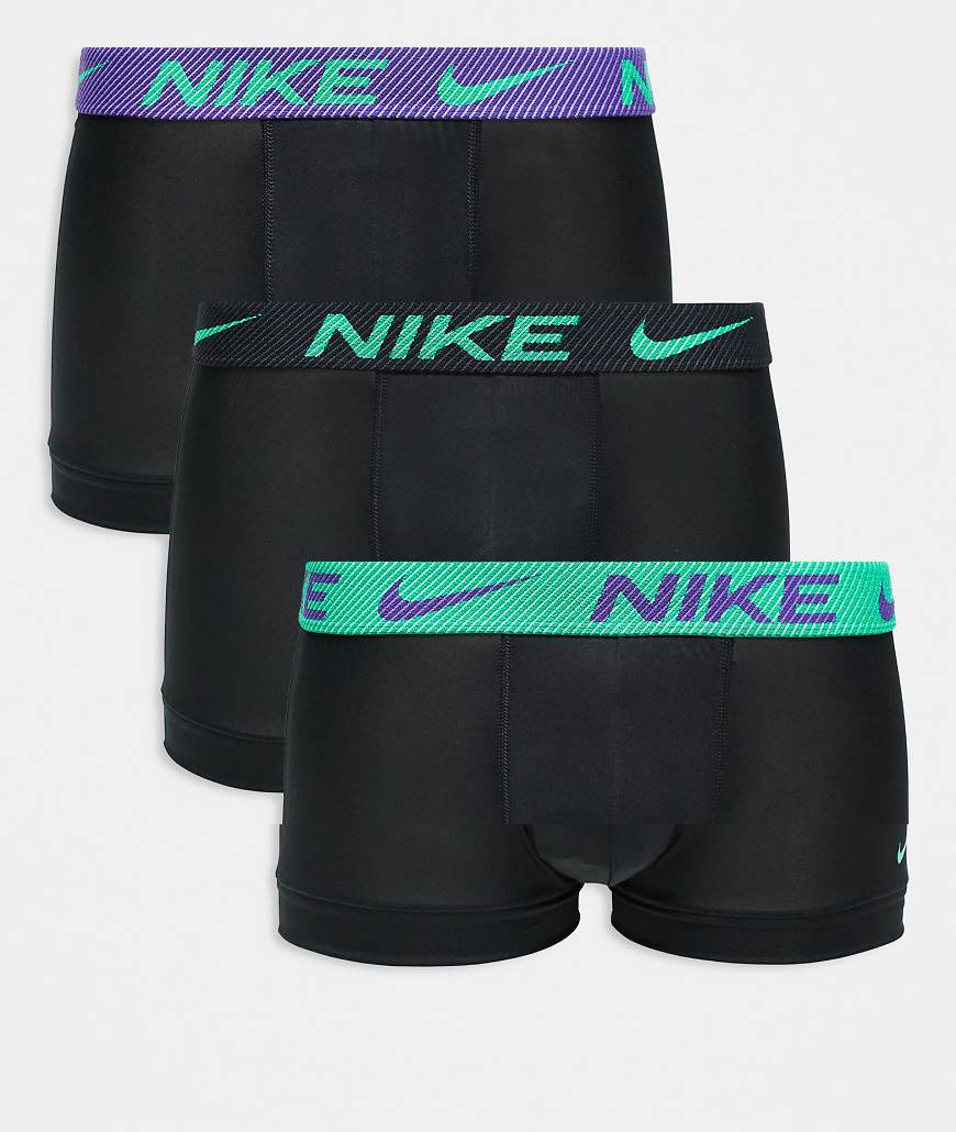 Nike - Essential Microfibre - 3er-Pack Trunk-Unterhosen in Schwarz mit farbigem Bund in Khaki/Lila/Grün von Nike
