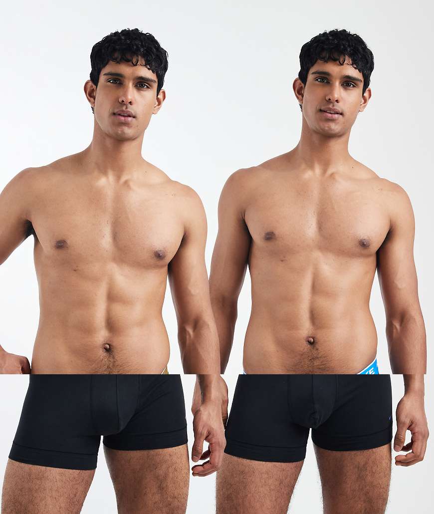 Nike - Everyday - 2er-Pack Trunk-Unterhosen aus Baumwoll-Stretch in Schwarz mit farbigem Bund in Olivgrün / Blau von Nike