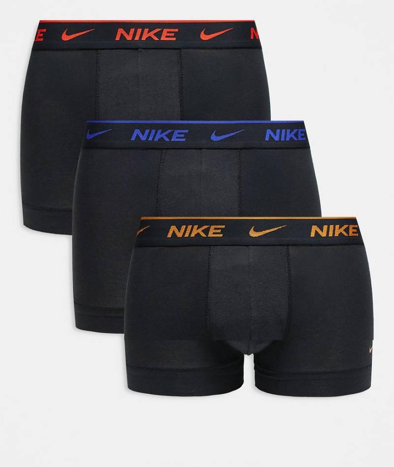 Nike - Everyday - 3er-Pack Unterhosen aus Baumwoll-Stretch in Schwarz mit farbigem Bund in Blau/Gelb/Rot von Nike