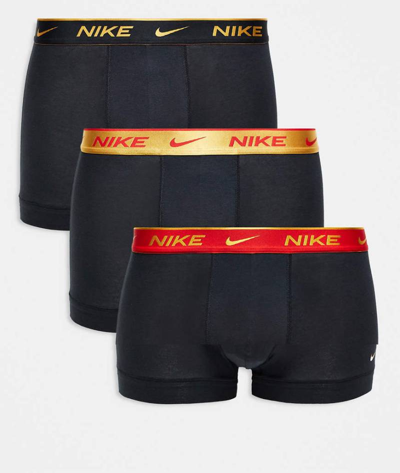 Nike - Everyday - 3er-Pack Unterhosen aus Baumwoll-Stretch in Schwarz mit farbigem Bund in Schwarz/Gold/Rot von Nike