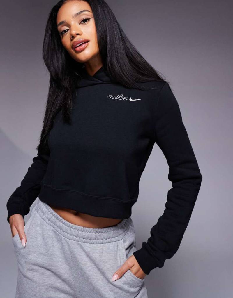Nike - Cropped-Kapuzenpullover in Schwarz mit Logo-Stickerei von Nike