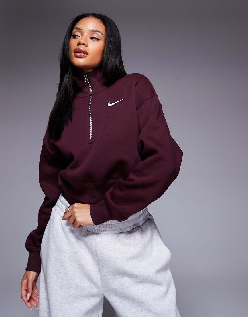 Nike - Phoenix Fleece - Kurzes Sweatshirt in Burgunderrot mit kurzem Reißverschluss von Nike
