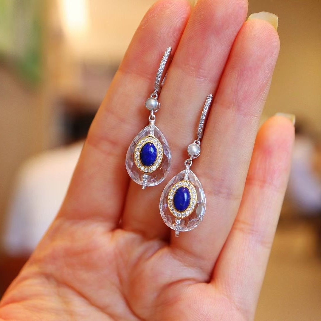 Lapis Lazuli Tropfen Ohrringe, Kristall Braut Vintage Hochzeit Schmuck Set, Geschenke von NikiFashionJewelry