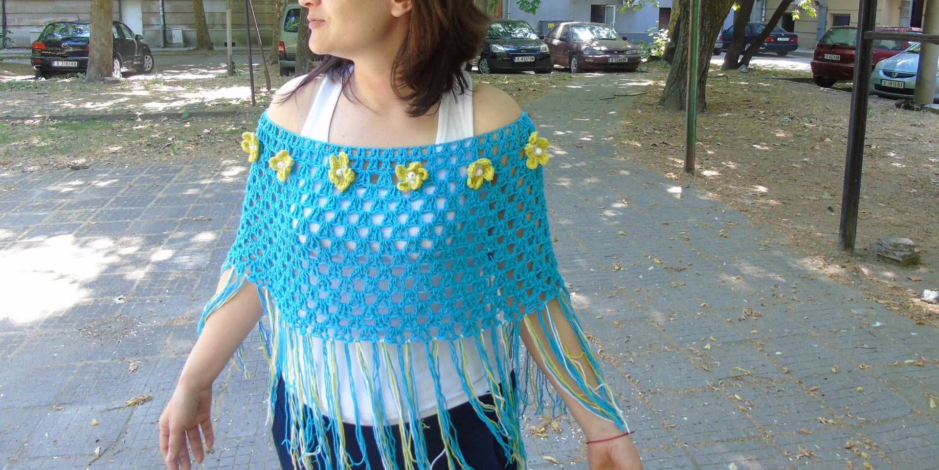 Blauer Häkelponcho, Boho Sommerschicht, Hippie Chic Vegan Kleidung von NikmarFashion