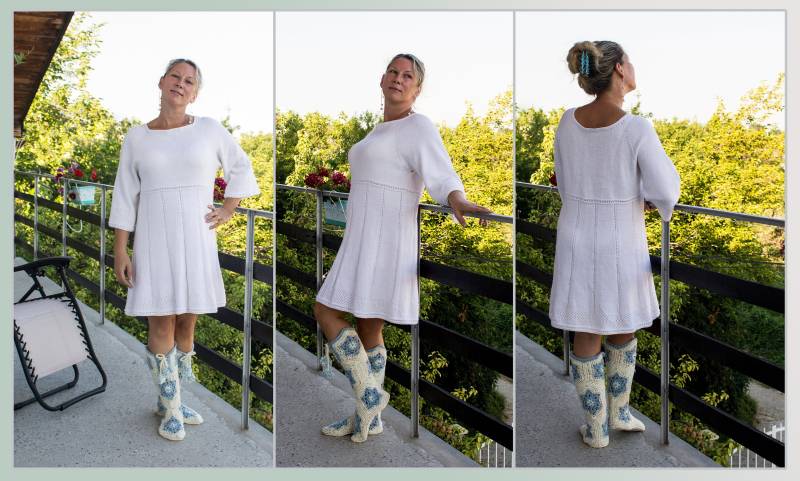 Gestricktes Kleid Der Farbe Weiß. Für Damen. Länge Knietief. Durchbrochene Am Unteren Ärmel Und Saum Gestricktes Kleid Der Farbe Weiß. Für Damen. Länge Knietief. Durchbrochene Am Unteren Ärmel Und Saum von Niknitting