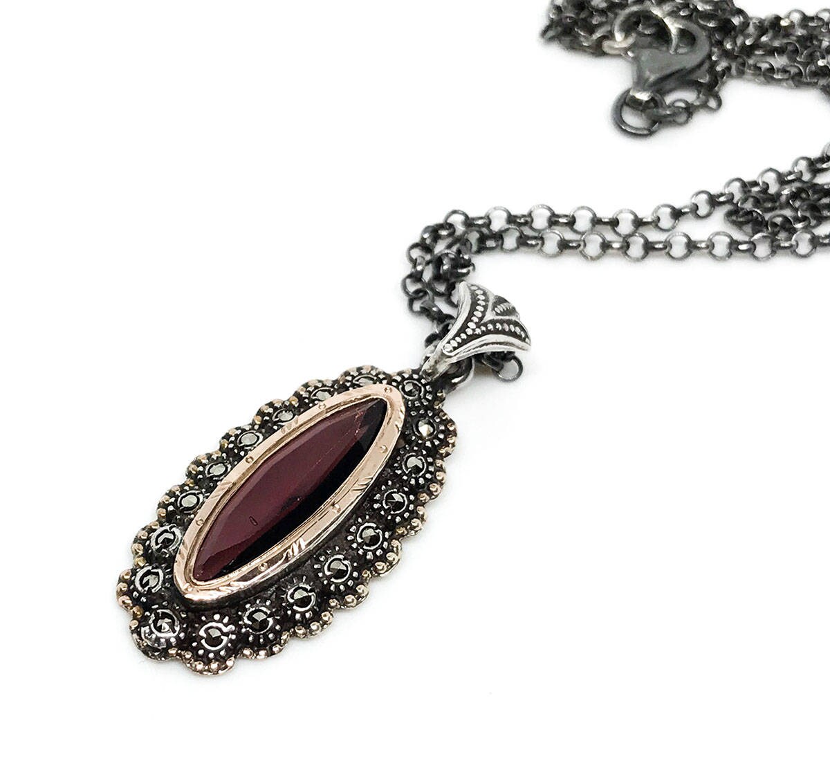 Vintage Sterling Und 10K Gold Anhänger, Amethyst Markasiten Halskette, Anhänger An Neuer Oxidierter Kette Vintage Sterling Und 10K Gold Anhänger, Amethyst Markasiten Halskette, Anhänger An Neuer Oxidierter Kette von NikosTreasure
