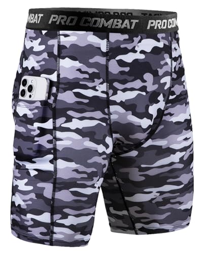 Niksa 1er Pack Herren Kompressionsshorts,Schnelltrocknendes Baselayer Unterhose Tights Kurz hochwertig, Sportshorts mit Handytasche, Graue Tarnung, XL von Niksa