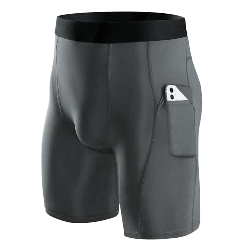 Niksa 1er Pack Herren Kompressionsshorts Schnelltrocknendes Base Layer Tights Sport Unterhosen für Enge trockene und atmungsaktive Radlerhose, Sportshorts mit Handytasche, Grau, L von Niksa