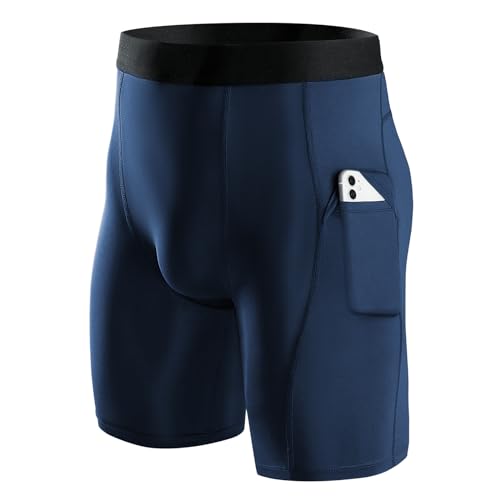 Niksa 1er Pack Herren Kompressionsshorts Schnelltrocknendes Base Layer Tights Sport Unterhosen für Enge trockene und atmungsaktive Radlerhose, Sportshorts mit Handytasche, Marineblau, XXL von Niksa