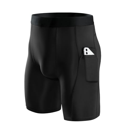 Niksa 1er Pack Herren Kompressionsshorts mit Taschen Schnelltrocknendes Base Layer Tights Sport Unterhosen für Enge trockene und atmungsaktive Radlerhose, Sportshorts mit Handytasche, Schwarz, M von Niksa