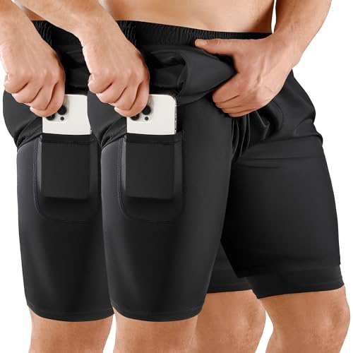 Niksa 2er Pack Herren 2 in 1 Shorts Schnelltrocknende Sporthose Herren Kurz 7" Atmungsaktiv Laufshorts mit Handytasche Sport Shorts, Schwarz, XL von Niksa