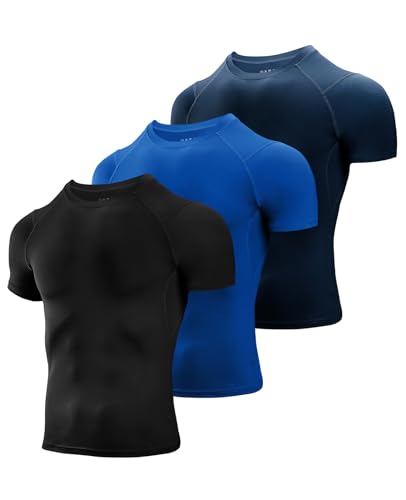 Niksa 3 Stück Kompressionsshirt Herren,Laufshirt Herren Kurzarm mit Unterarm Mesh kurzärmliges Funktionsshirt Atmungsaktiv Sportshirt Männer für Running Workout Fitness Schwarz,Blau,Marine,L von Niksa