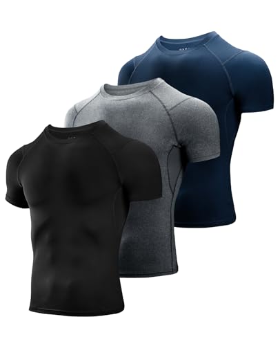 Niksa 3 Stück Kompressionsshirt Herren,Laufshirt Herren Kurzarm mit Unterarm Mesh kurzärmliges Funktionsshirt Atmungsaktiv Sportshirt Männer für Running Workout Fitness Schwarz,Grau,Marine,L von Niksa